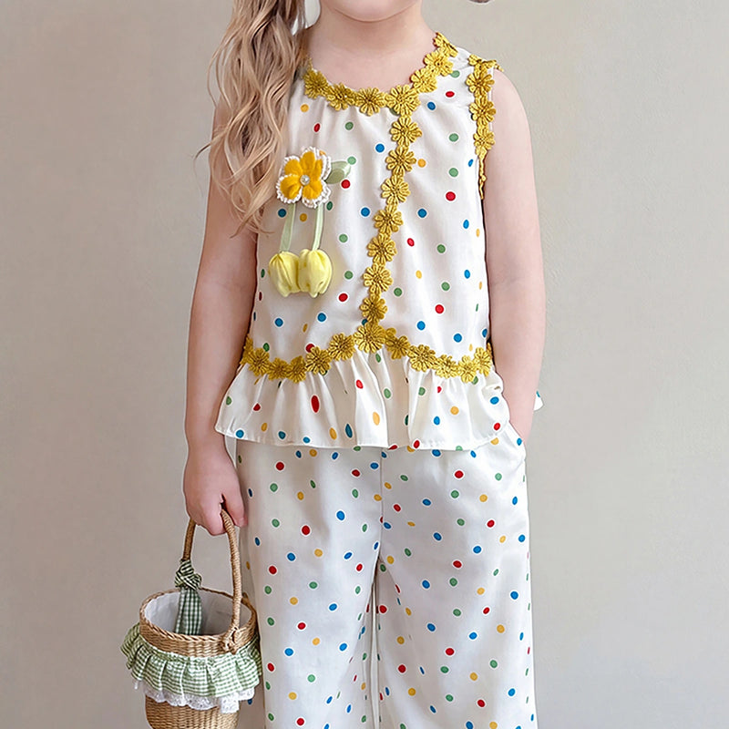 Girls Cream Polka Dot Print Sleeveless Top With Wide-Leg Pants Sets 2 pc. Sets