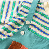 Boys Teal Striped T-shirt with Puppy Patch Dungaree Set Sets