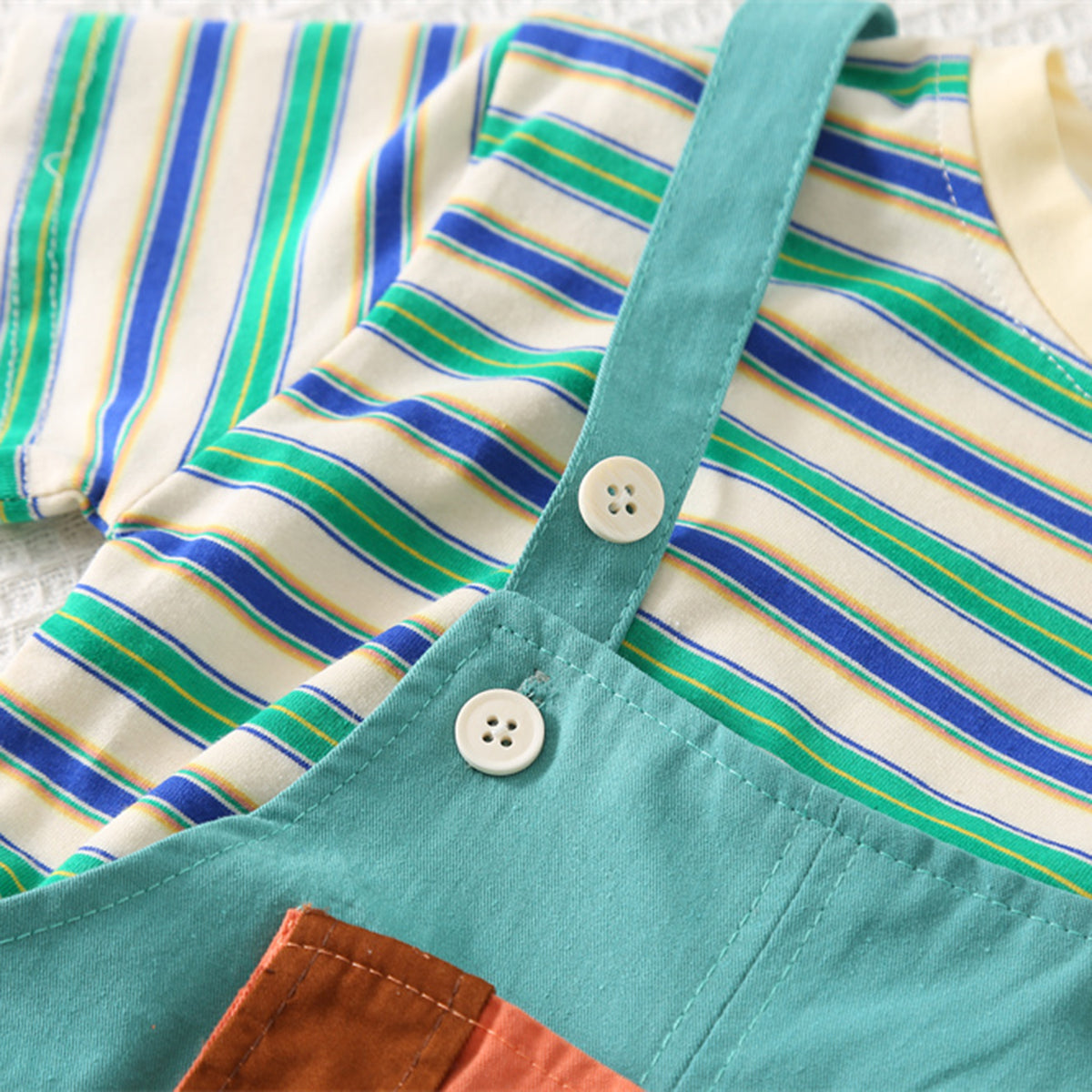 Boys Teal Striped T-shirt with Puppy Patch Dungaree Set Sets
