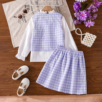 Girls Purple Checked Vest With Long Sleeves Top & Skirt Sets Sets
