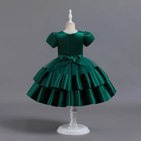 Girls Dark Green Puff Sleeve Ruffle Layered Party Wear Dress Party Dresses