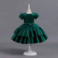 Girls Dark Green Puff Sleeve Ruffle Layered Party Wear Dress Party Dresses