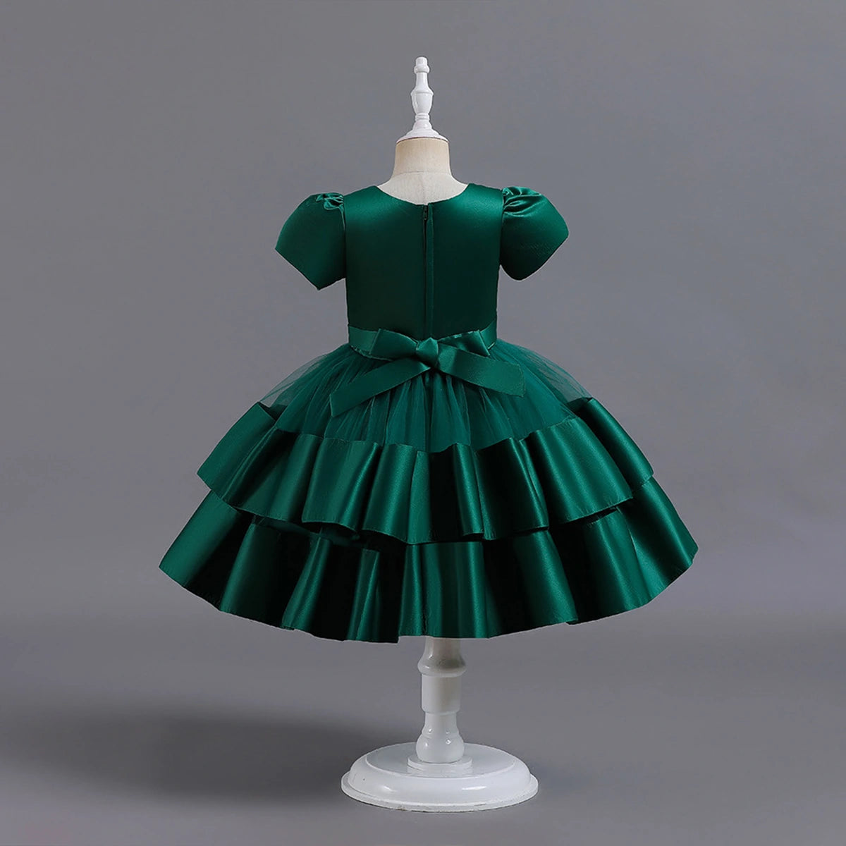 Girls Dark Green Puff Sleeve Ruffle Layered Party Wear Dress Party Dresses
