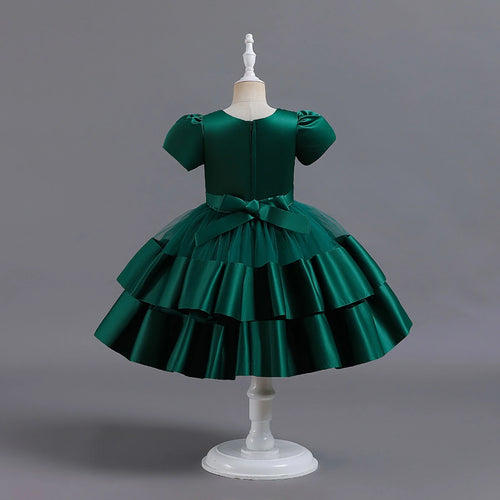 Girls Dark Green Puff Sleeve Ruffle Layered Party Wear Dress Party Dresses