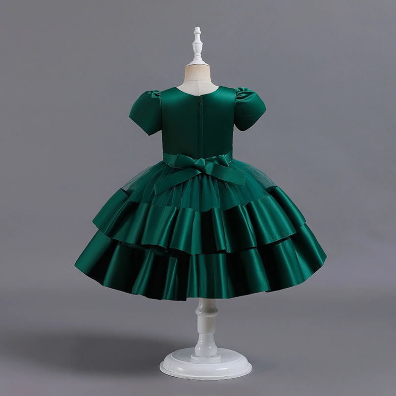 Girls Dark Green Puff Sleeve Ruffle Layered Party Wear Dress Party Dresses