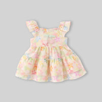 Girls Yellow Floral Print Cherry Applique Tiered A-Line Dress Casual Dresses