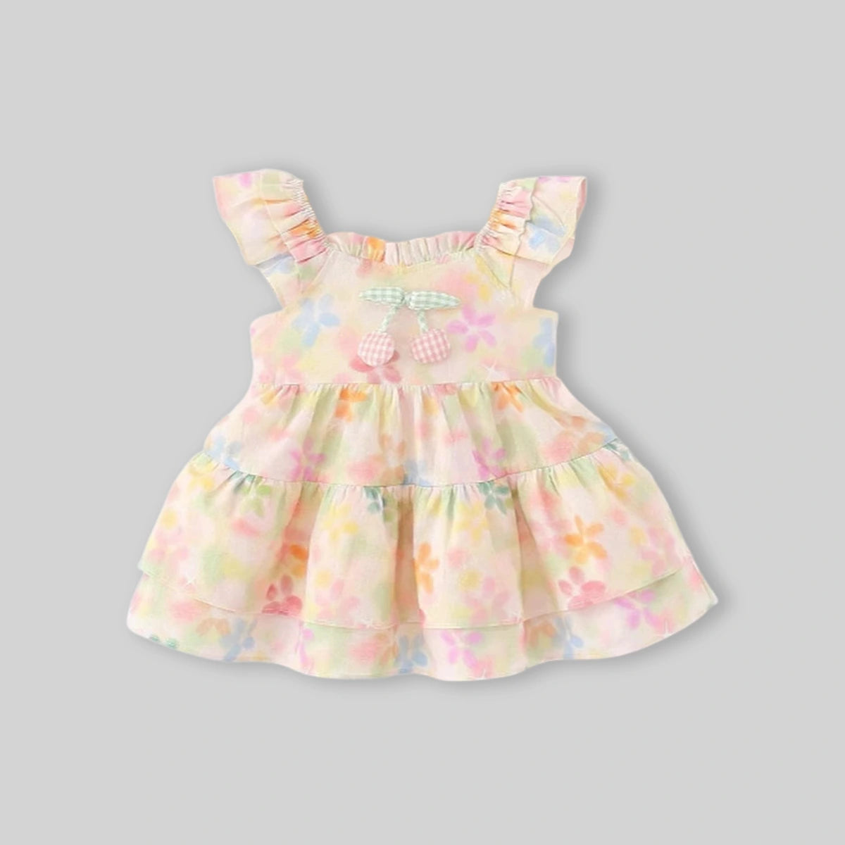 Girls Yellow Floral Print Cherry Applique Tiered A-Line Dress Casual Dresses