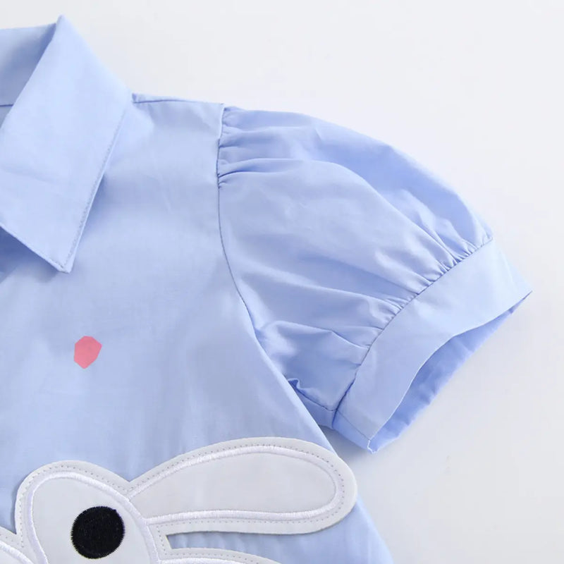 Girls Blue Bunny Applique Short Sleeve Shirt Dress Casual Dresses