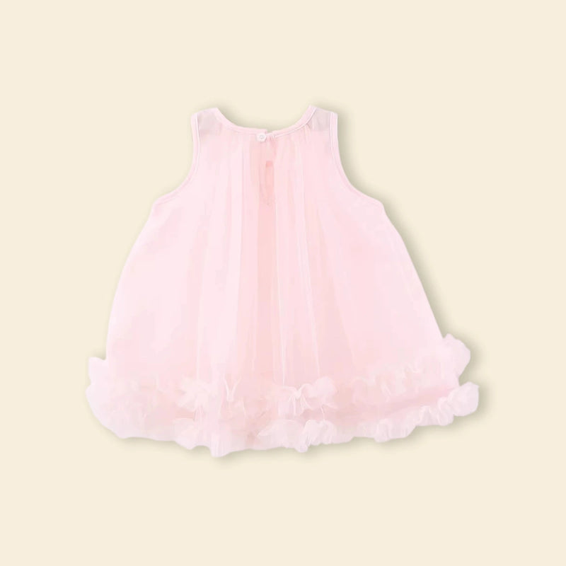 Girls Light Pink Flower Applique Tulle Overlay Sleeveless A-line Dress Casual Dresses