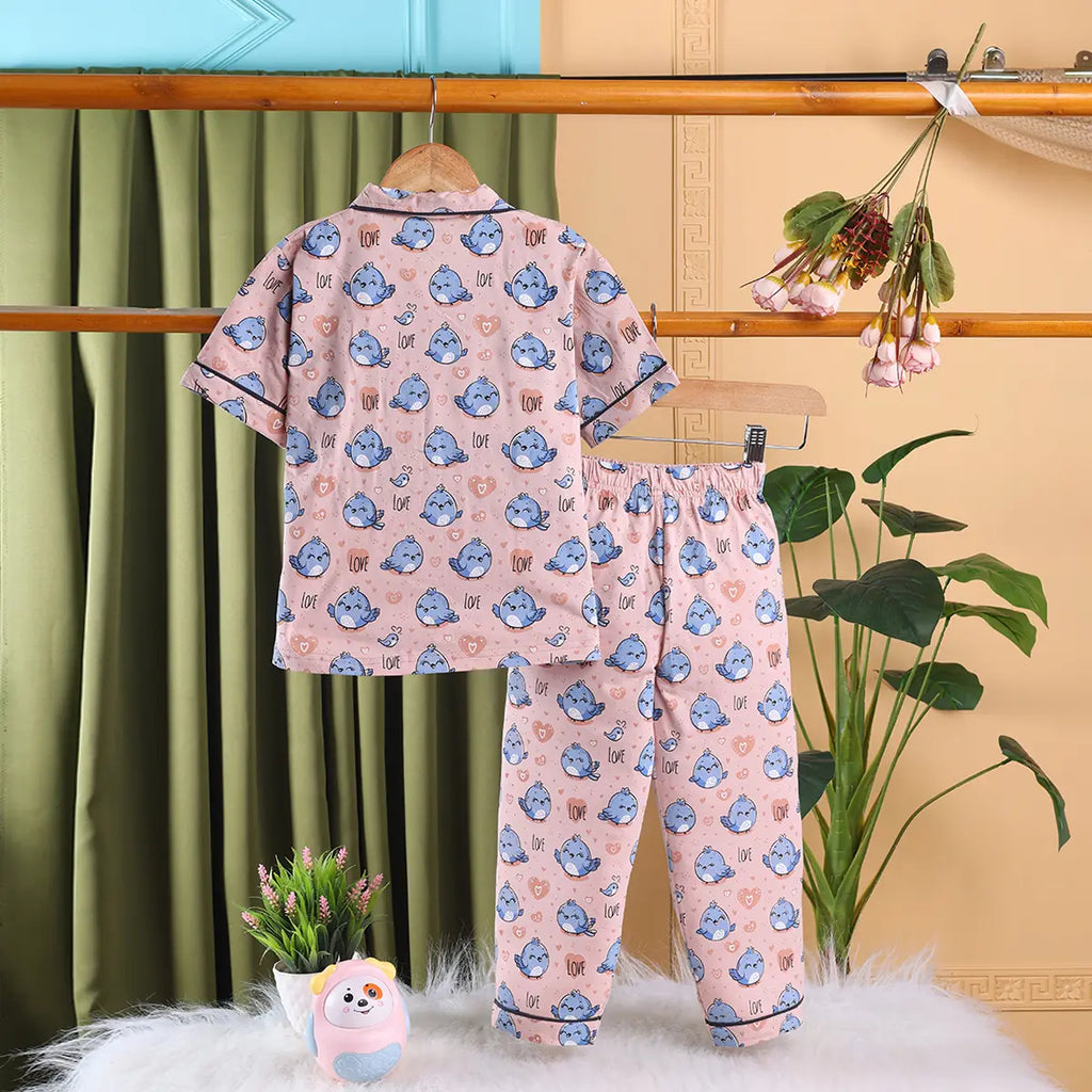 Girls Peach Bird Print Short Sleeve Shirt With Elasticated Pants Sets Sets