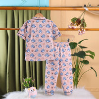 Girls Peach Bird Print Short Sleeve Shirt With Elasticated Pants Sets Sets