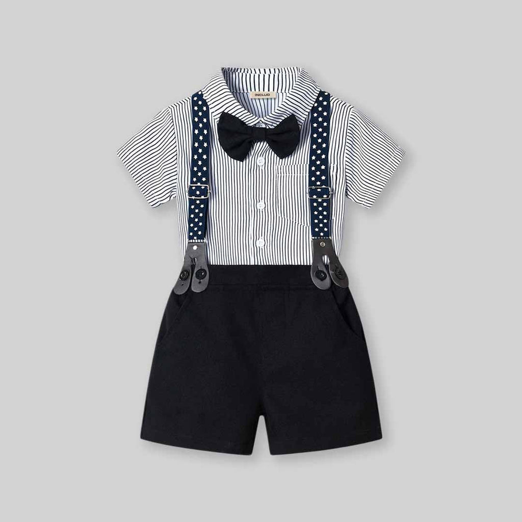 Boys Striped Shirt With Suspender Shorts Formal Set