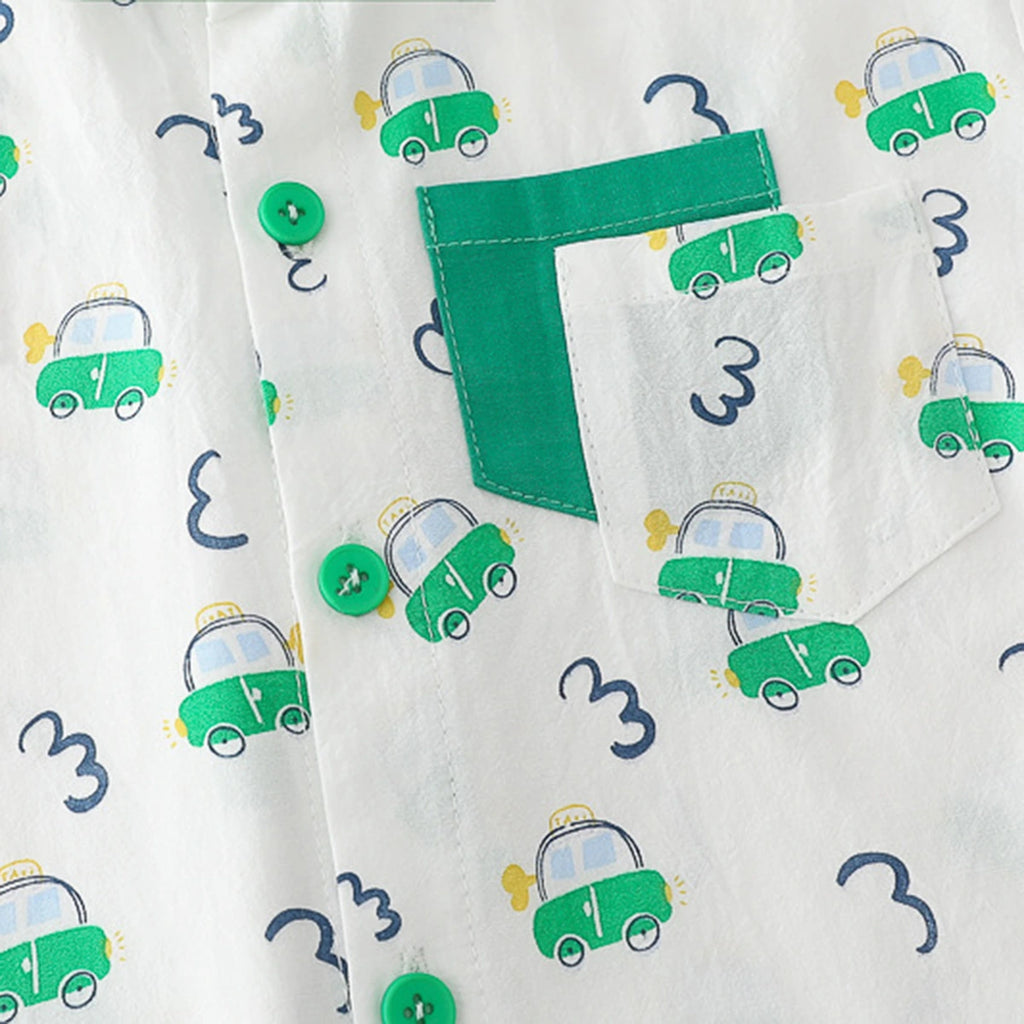Boys Light Green Car Printed Short Sleeve Shirt With Denim Shorts Sets 2 pc. Sets