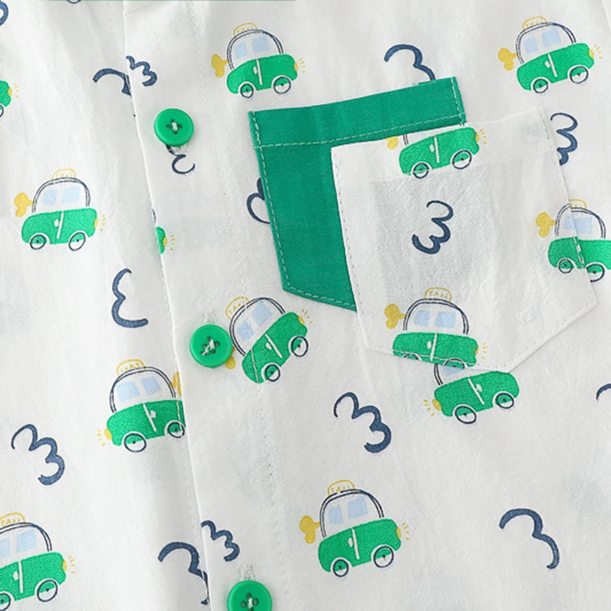 Boys Light Green Car Printed Short Sleeve Shirt With Denim Shorts Sets 2 pc. Sets