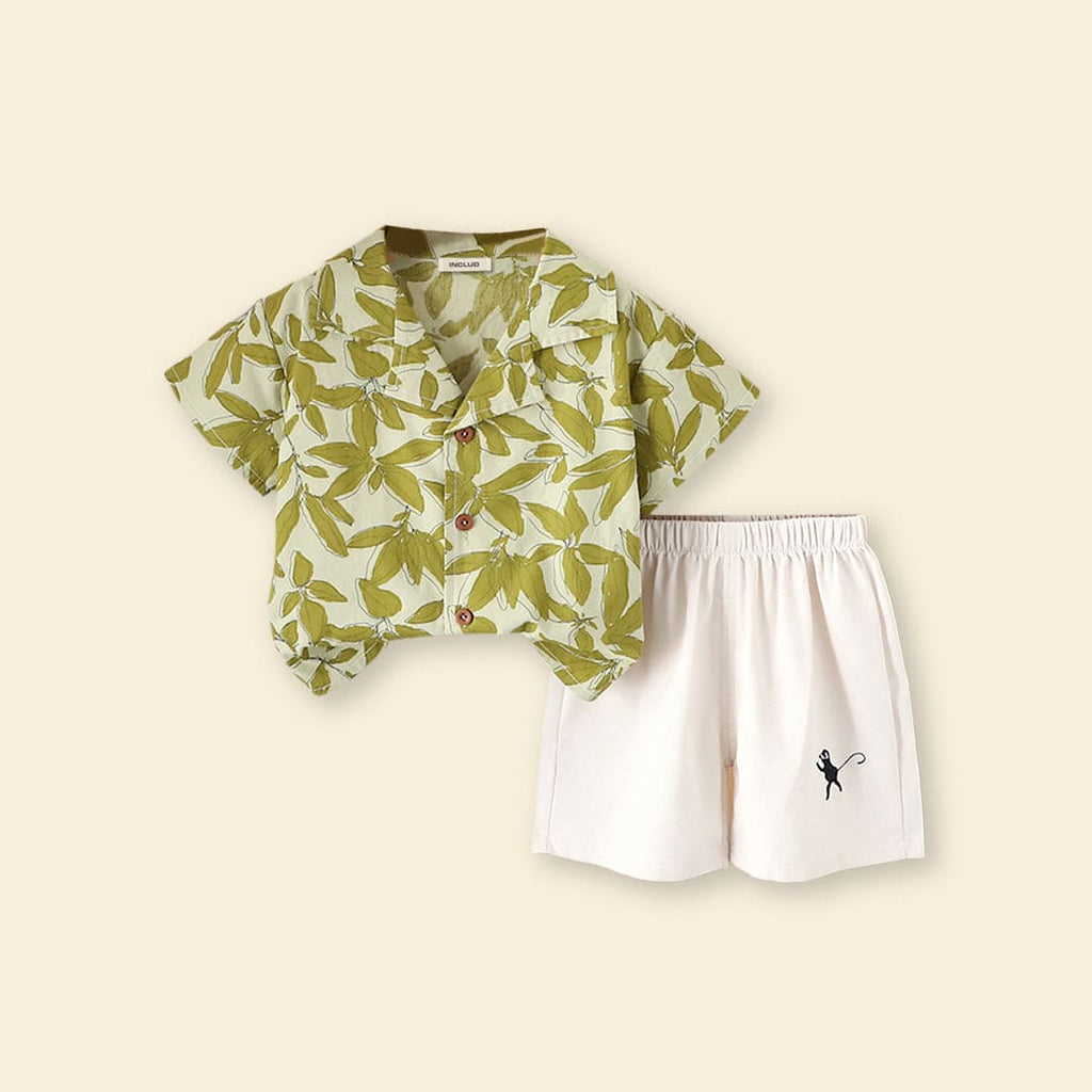 Boys Green Short Sleeve Printed Shirt With Shorts Sets Green 1-2 Y 