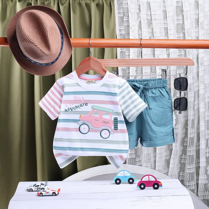 Boys Multicolor Stripes Embroidered T-Shirt With Shorts Sets Sets Multicolor 9-12 M