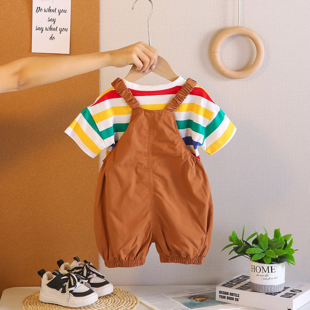 Boys Dinosaur Applique Short Sleeve Striped T-Shirt With Brown Dungaree Sets 2 pc. Sets