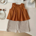 Girls Brown Sleeveless Top With Stripes Pants & Hat Sets Sets Brown 1-2 Y