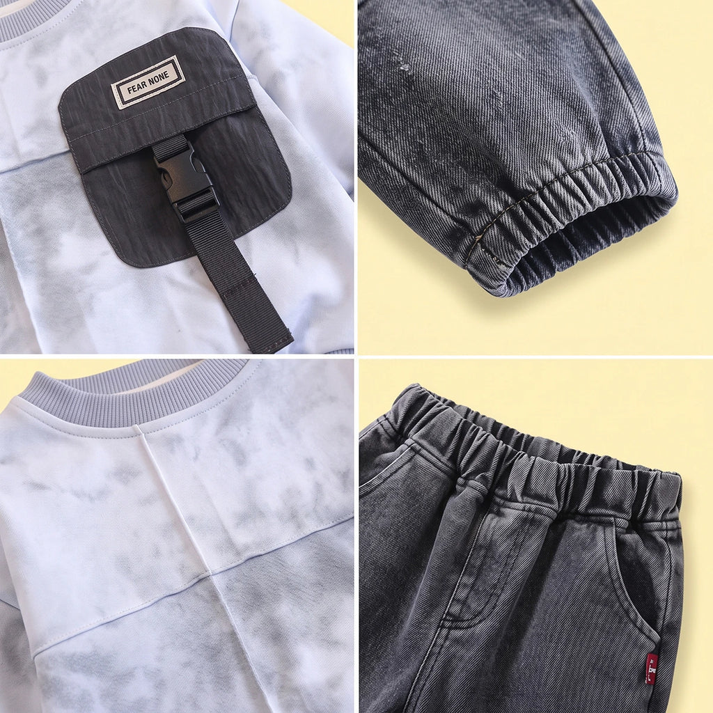 Boys Light Blue Tie & Dye Sweatshirt & Denim Cargo Pants Sets Sets