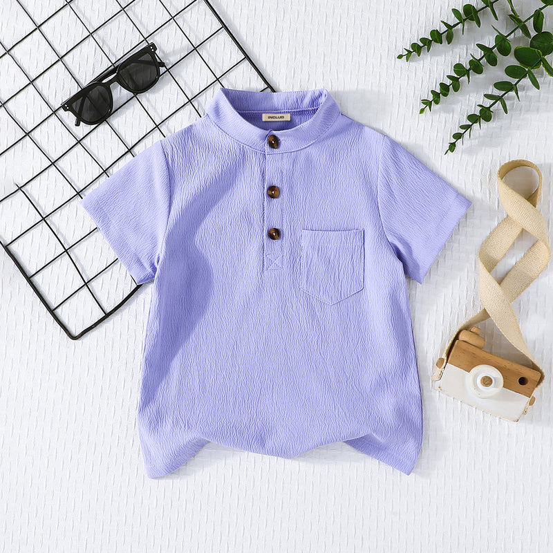 Boys Purple Short Sleeves Mandarin Collared T-Shirt Tshirts