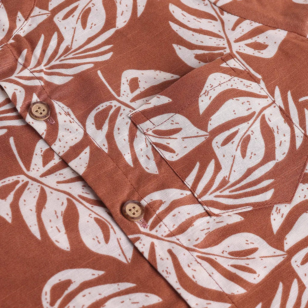 Boys Khaki Leaf Printed Short Sleeve Shirt With Elasticated Shorts Sets 2 pc. Sets