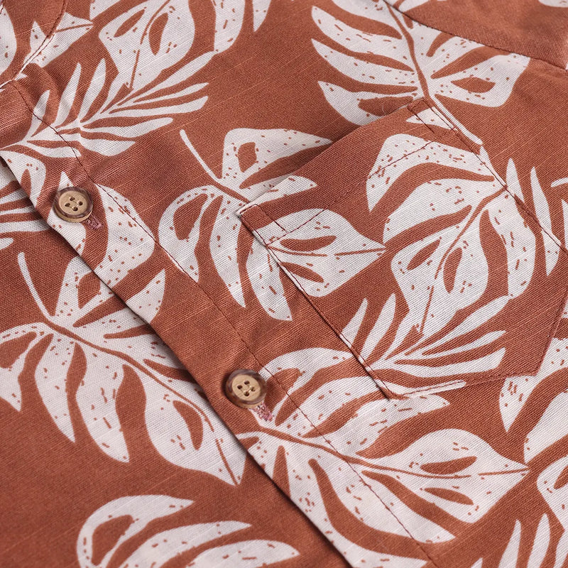 Boys Khaki Leaf Printed Short Sleeve Shirt With Elasticated Shorts Sets 2 pc. Sets