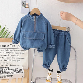 Boys Blue Half Zipper Denim Jacket With Jogger Co-ord Sets Sets