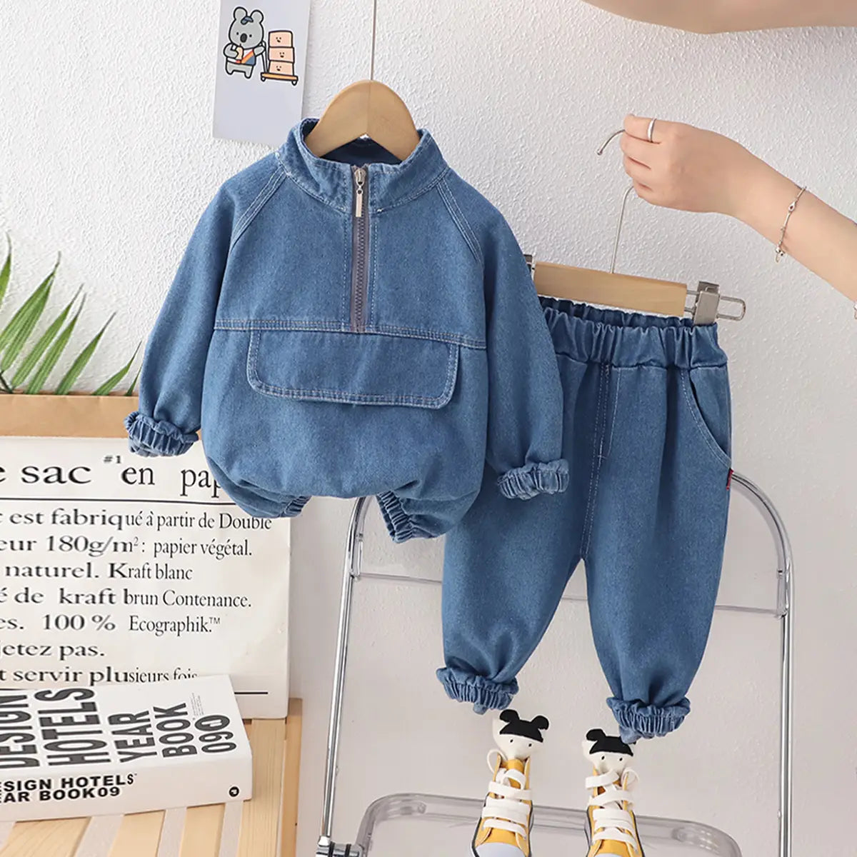 Boys Blue Half Zipper Denim Jacket With Jogger Co-ord Sets Sets
