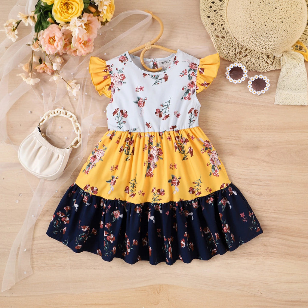 Girls Yellow Floral Print Round Neck Tiered Dress Casual Dresses Yellow 3-4 Y