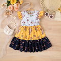 Girls Yellow Floral Print Round Neck Tiered Dress Casual Dresses Yellow 3-4 Y