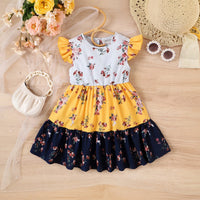 Girls Yellow Floral Print Round Neck Tiered Dress Casual Dresses Yellow 3-4 Y