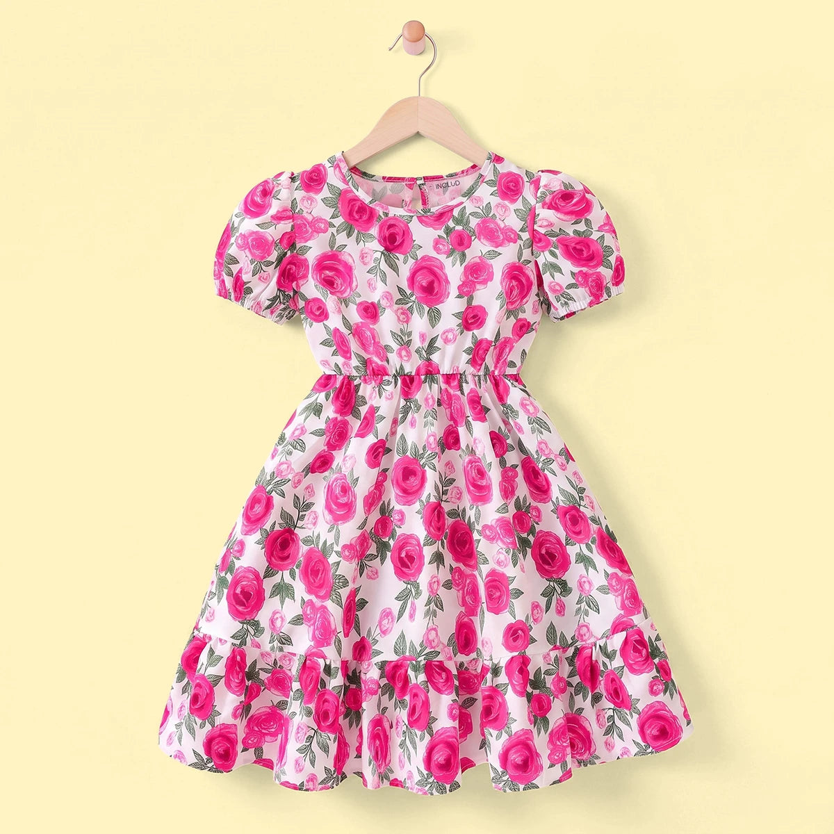 Girls Pink Floral Print Puff Sleeve Fit & Flare Dress Casual Dresses Pink 3-4 Y