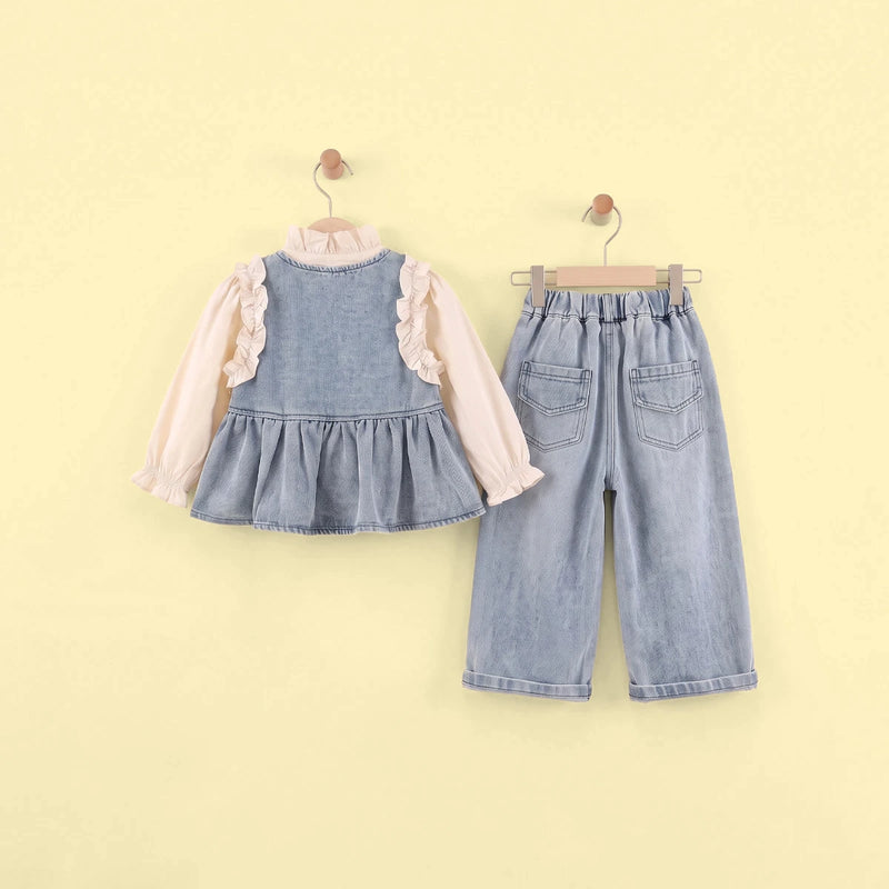 Girls Blue Sleeveless Denim Vest With Top And Denim Pants Sets 3 pc. Sets