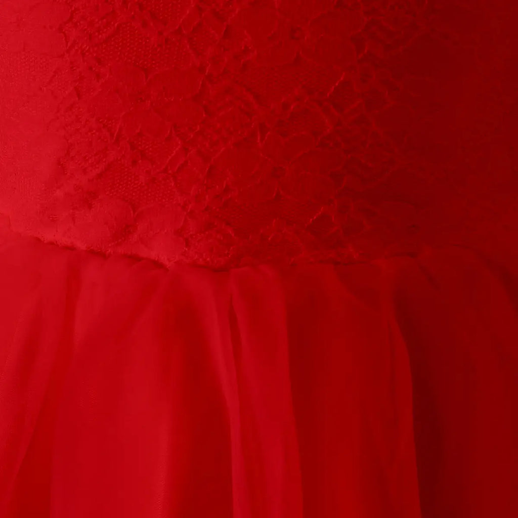 Girls Red Long Sleeves Fit & Flare Party Dress With Lace & Tulle Overlay Party Dresses