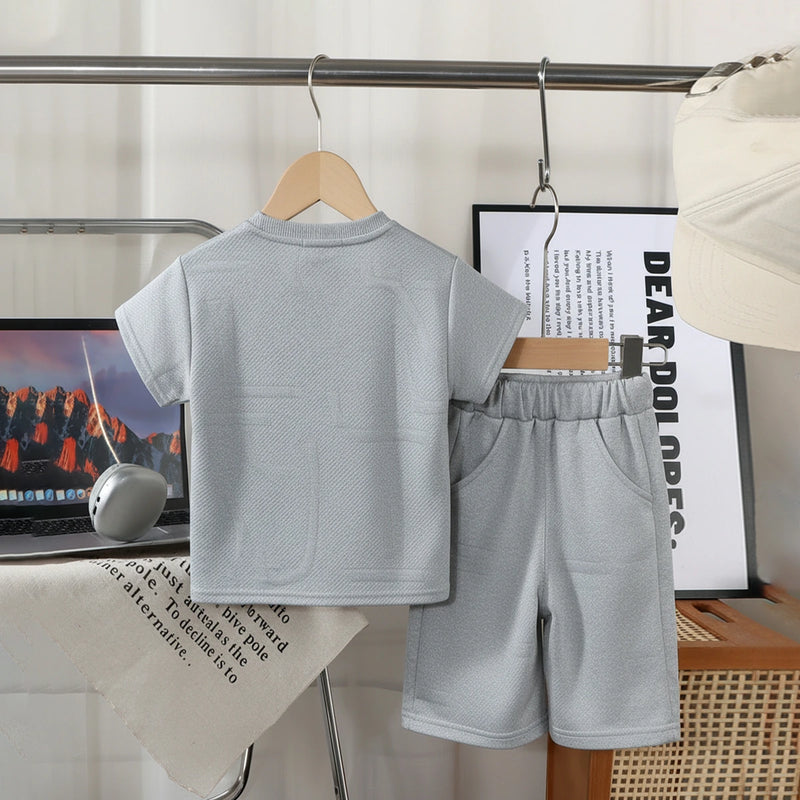 Boys Grey Embossed Print Short Sleeve T-Shirt With Shorts Sets 2 pc. Sets