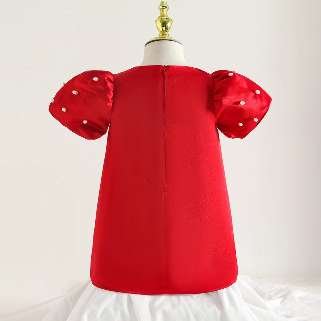 Girls Red Pearl Embellished A-line Party Dress With 3D Flower applique Party Dresses
