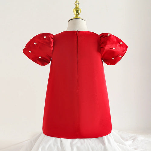 Girls Red Pearl Embellished A-line Party Dress With 3D Flower applique Party Dresses