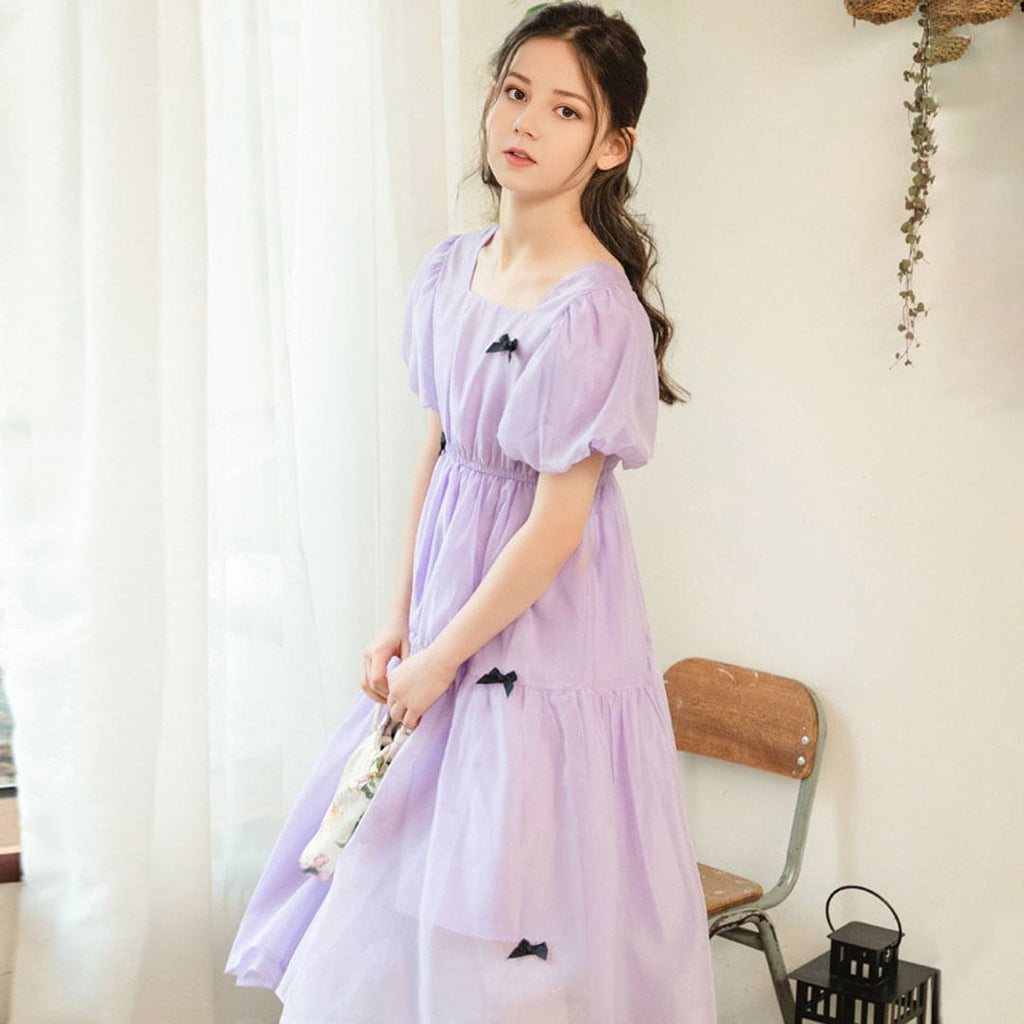 Girls Puff Sleeves Square Neck Fit & Flare Dress Casual Dresses Purple 6-7 Y 