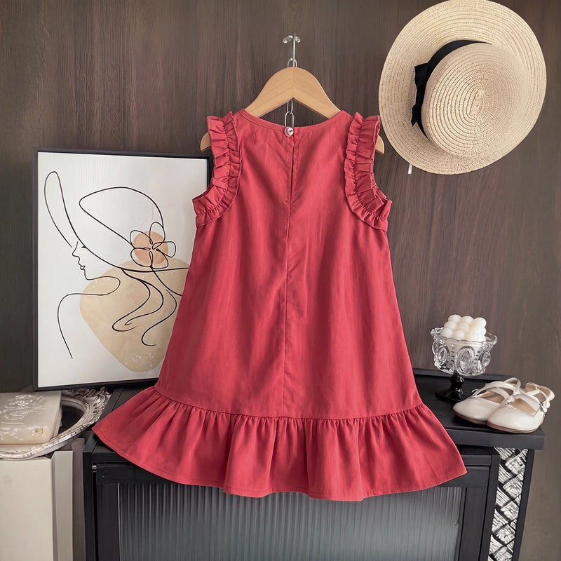 Girls Red Sleeveless A-line Dress Casual Dresses