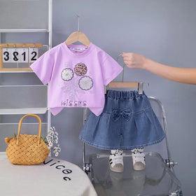 Girls Purple Flower Embellished T-Shirt With Denim Shorts Sets Sets Purple 1-2 Y