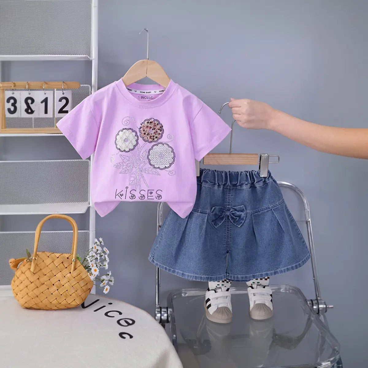 Girls Purple Flower Embellished T-Shirt With Denim Shorts Sets Sets Purple 1-2 Y