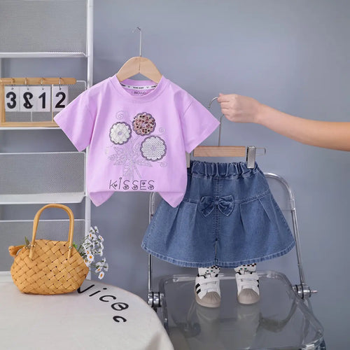 Girls Purple Flower Embellished T-Shirt With Denim Shorts Sets Sets Purple 1-2 Y