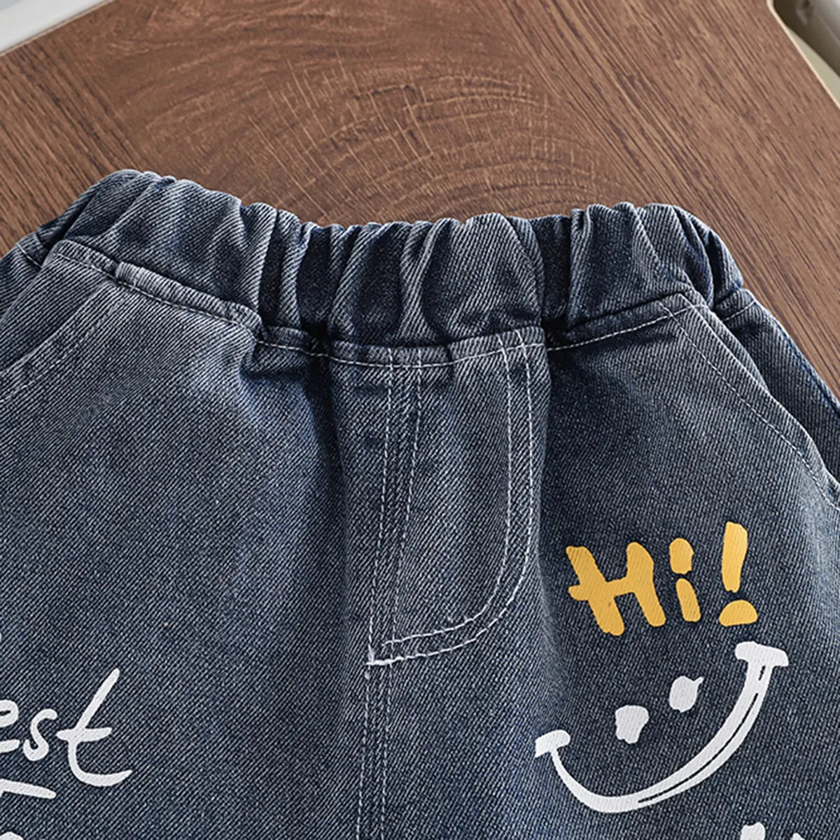Boys Light Grey Short Sleeves T-Shirt With Printed Denim Shorts Set Sets