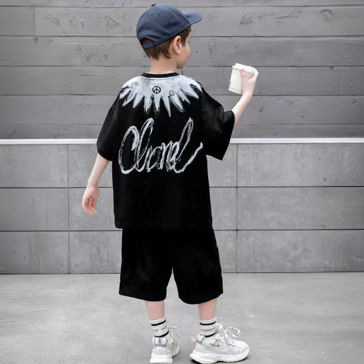Boys Black Abstract Printed Summer Oversized T-Shirt With Shorts Set 2 pc. Sets