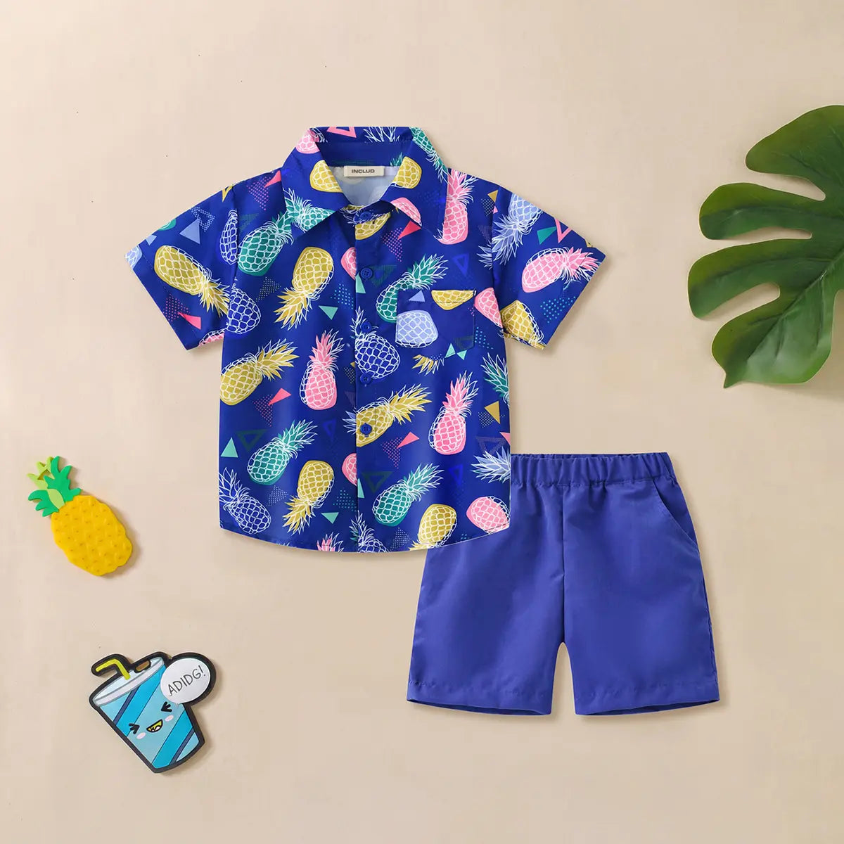 Boys Blue Pineapple Print Short Sleeves Shirt With Shorts Set Sets Blue 1-2 Y