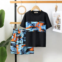 Boys Black Camouflage Printed Short Sleeves T-Shirt & Shorts Swimsuit Sets Sets Black 7-8 Y