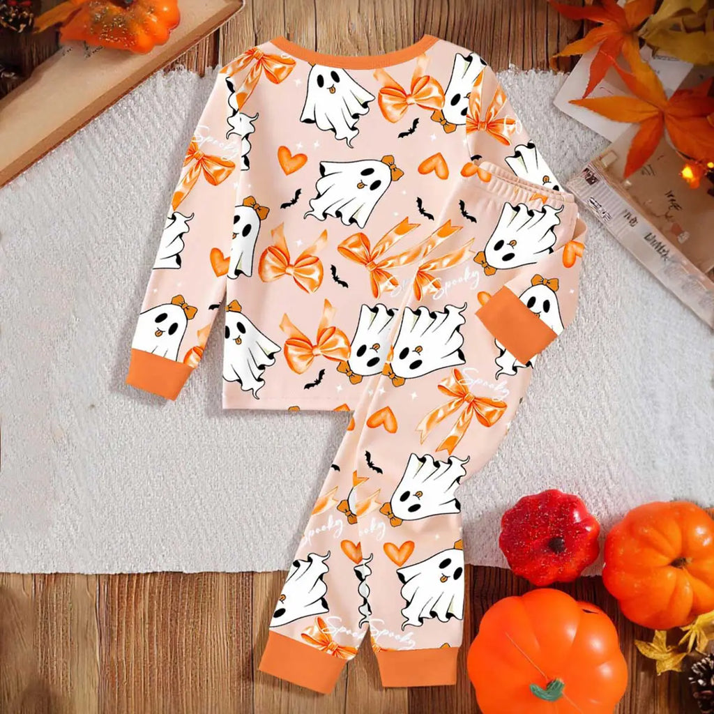 Girls Orange Halloween-Themed Printed T-Shirt With Jogger Co-ord Sets 2 pc. Sets