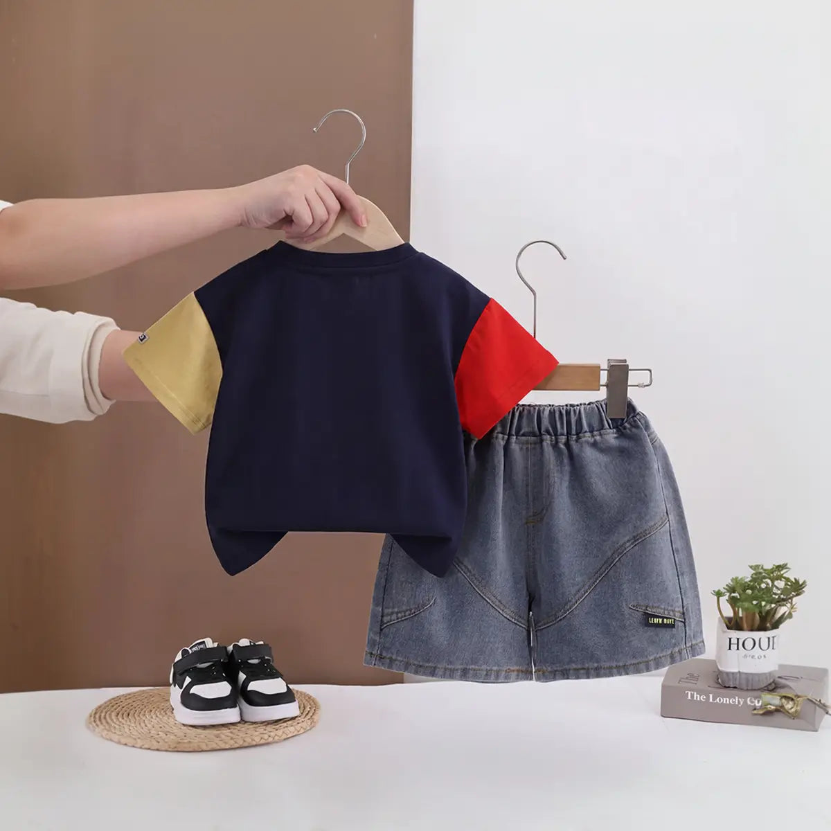 Boys Navy Blue Car Printed Short Sleeve T-Shirt with Denim Shorts Sets 2 pc. Sets