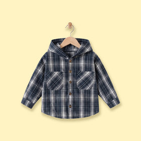 Boys Dark Blue Checked Long Sleeve Hooded Shirt Shirts Dark Blue 1-2 Y