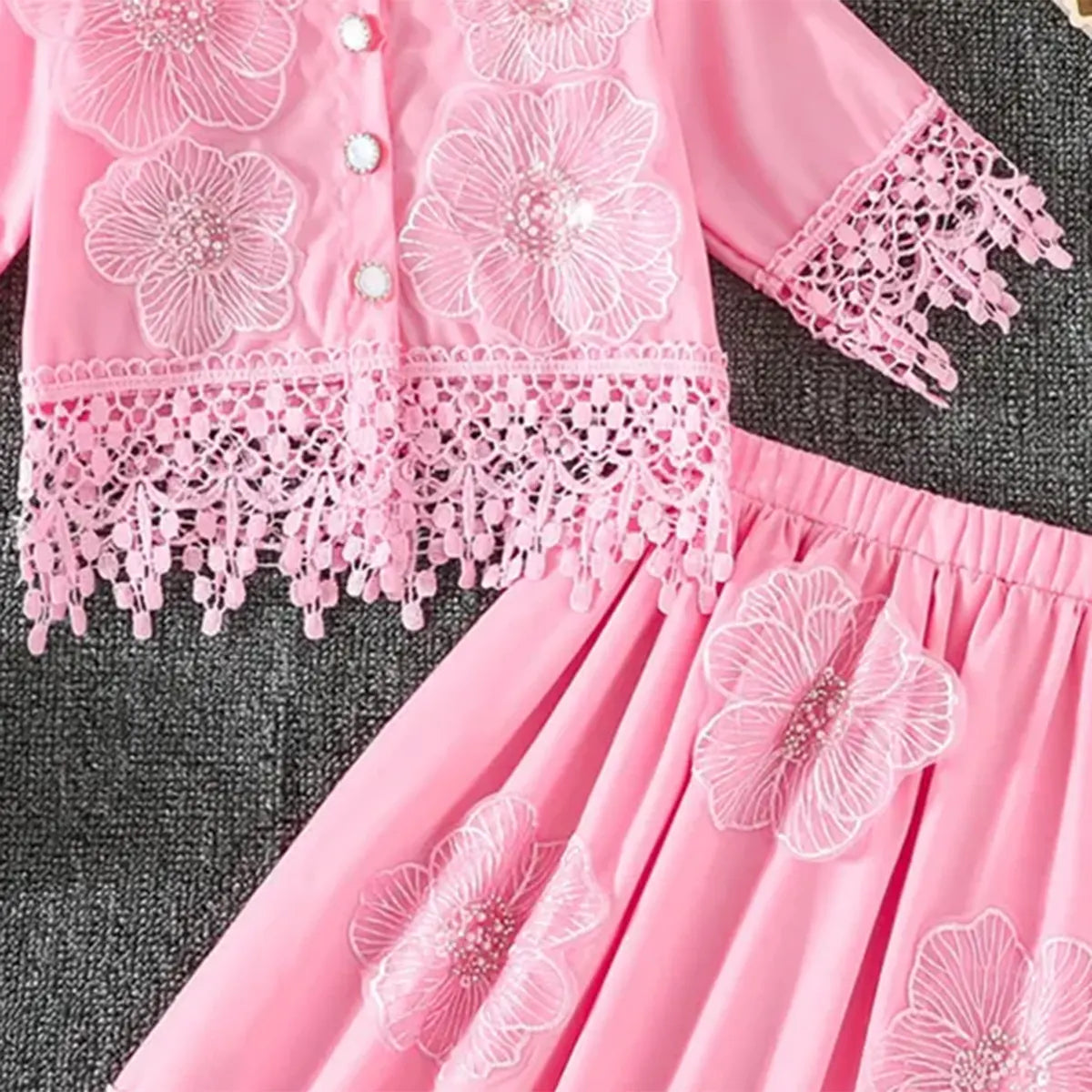 Girls Pink Floral Embroidered Top With Skirt Co-ord Sets Sets